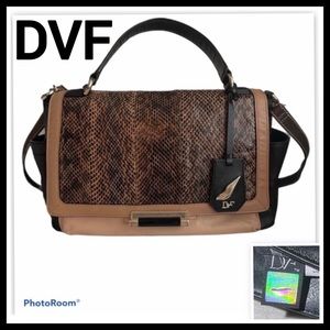 DVF Genuine Leather Snakeskin Print Satchel Bag - Black & Tan